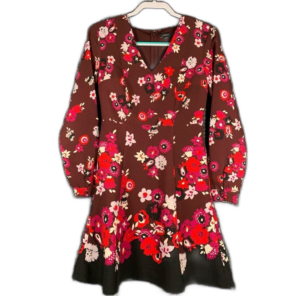 Ann Taylor Fit & Flare Long Sleeve Red Floral Dress Size 0 #844